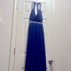 Blue formal dress for prom, wedding. Long skirt, sheer midreef, rhinestones.